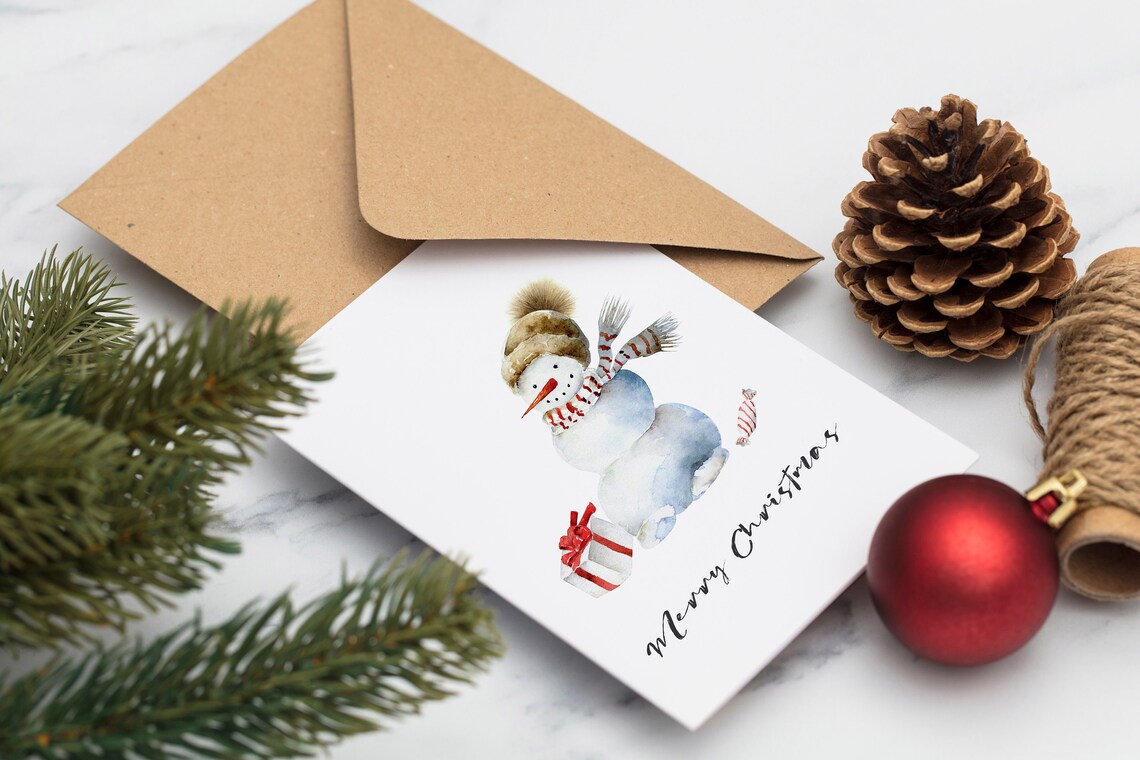 Merry Christmas Watercolor Snowman with Gift Festive Card Poster
