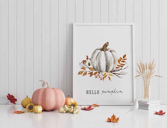 Hello Pumpkin White Watercolor Fall Autumn Harvest Season Wall Art