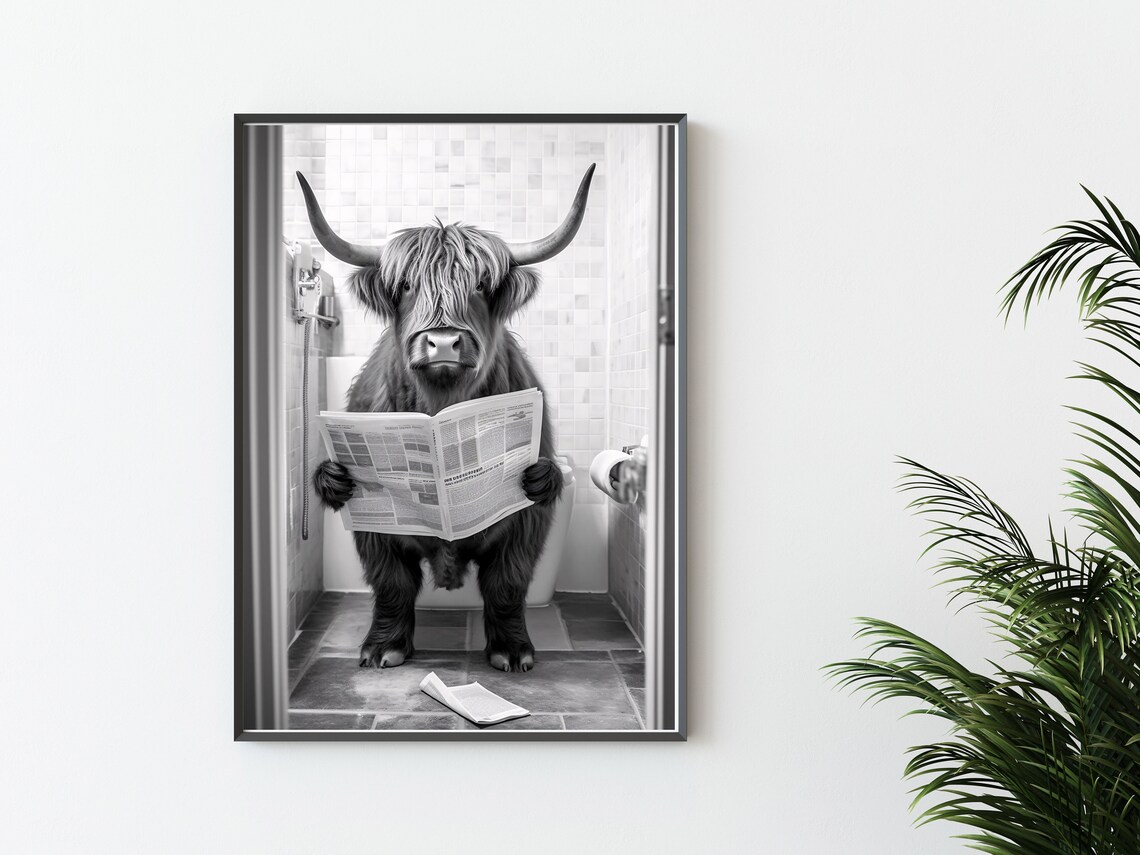 Highland Cow On Toilet Print, Bathroom Wall Art