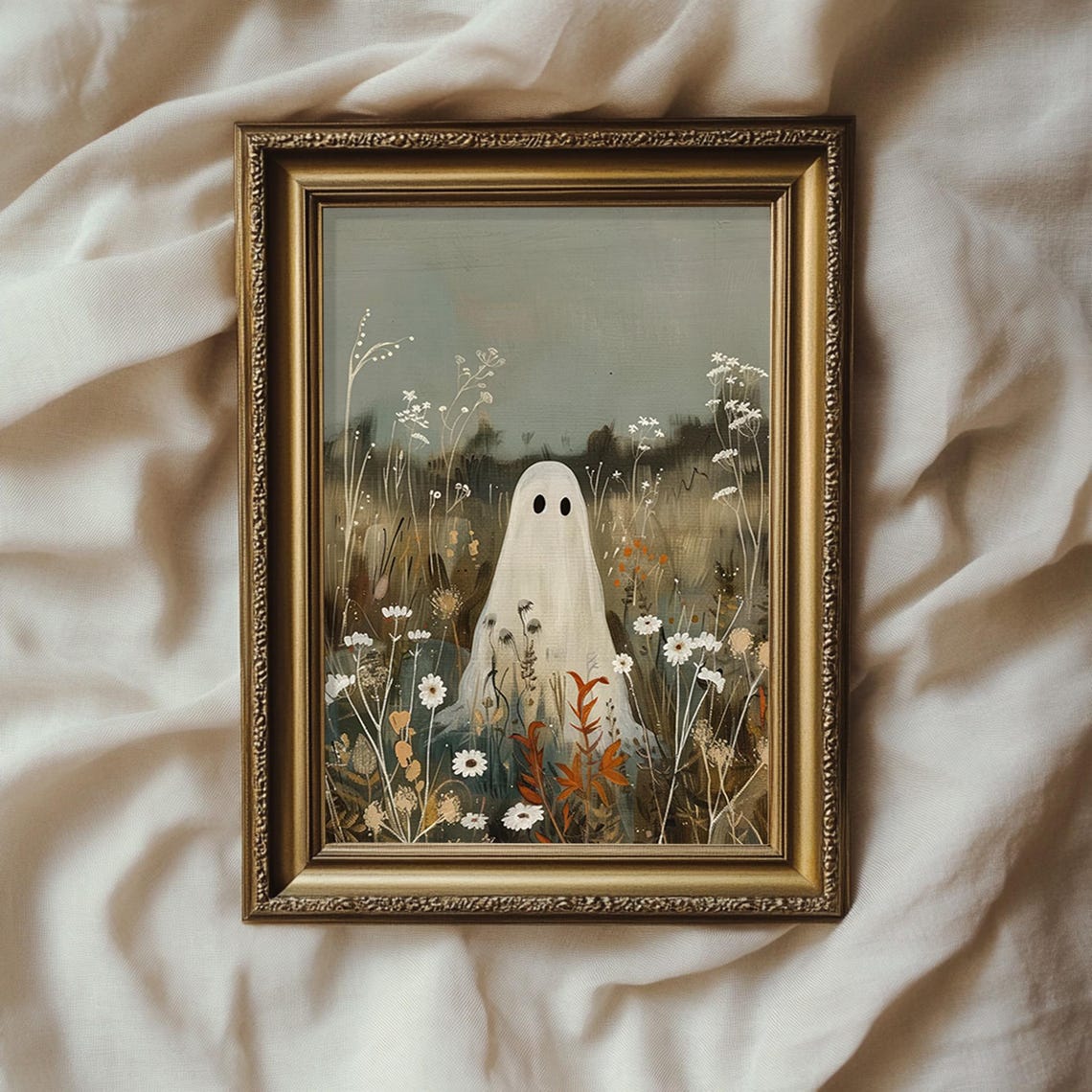 Ghost on Flower Meadow, Vintage Style Art Print - Image 2