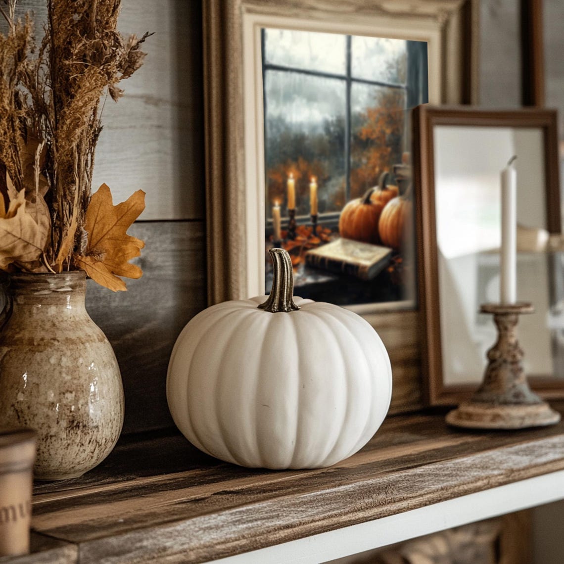 Pumpkins Books And Candles, Vintage Style Art Print - Image 2