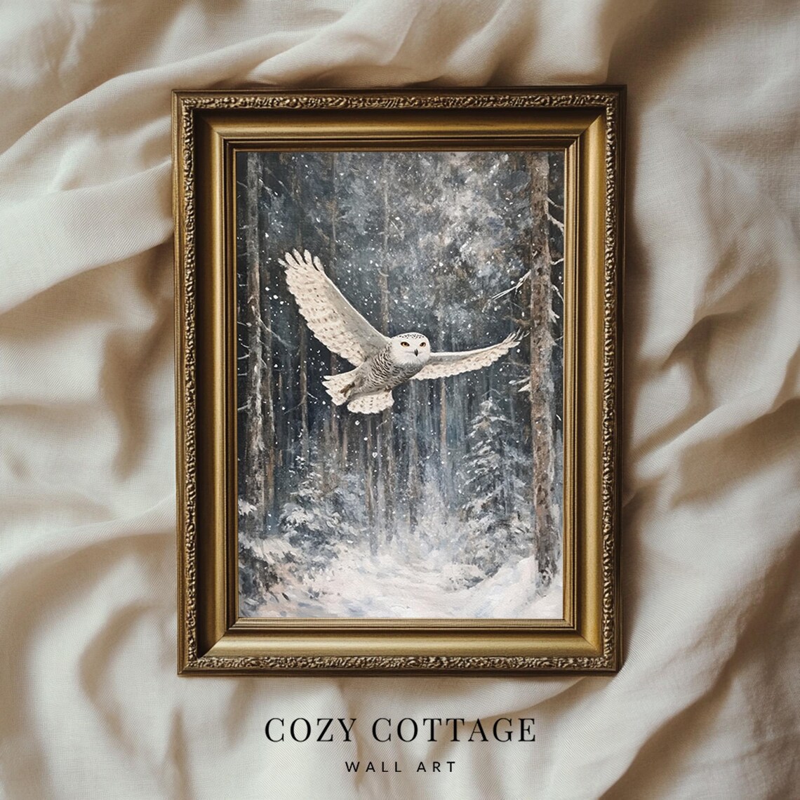 Owl In Winter Forest, Vintage Style Poster