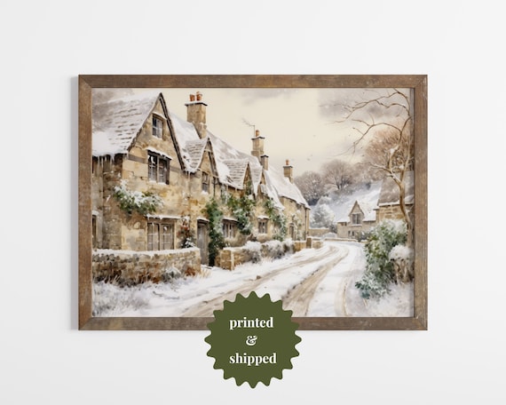 English Cottages In The Snow, Vintage Style Art Print