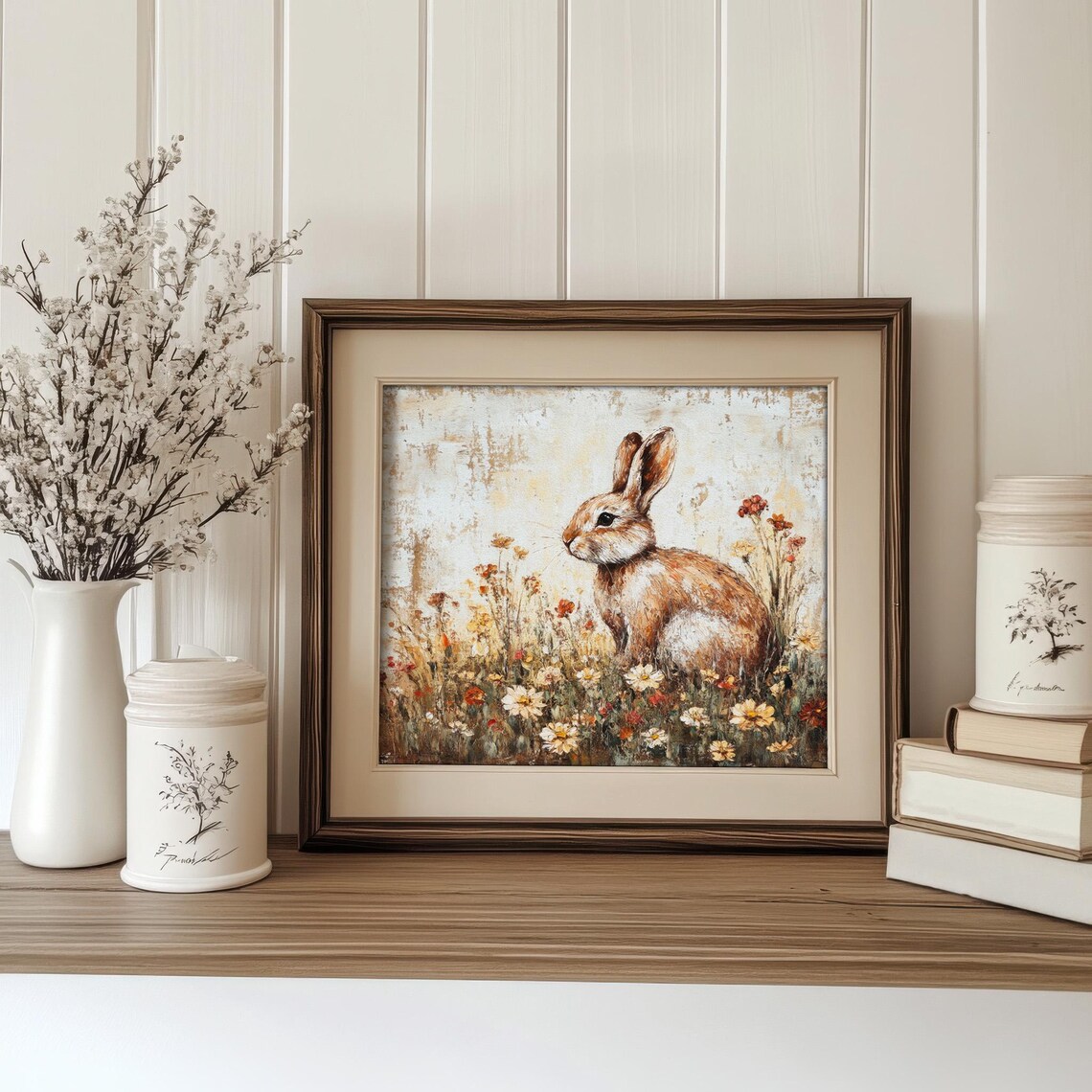 Rabbit On Flower Meadow, Vintage Cottage Decor - Image 2