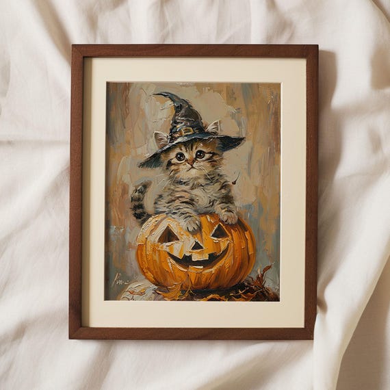 Little Cat Witch Hat Pumpkin Vintage Halloween Art Print