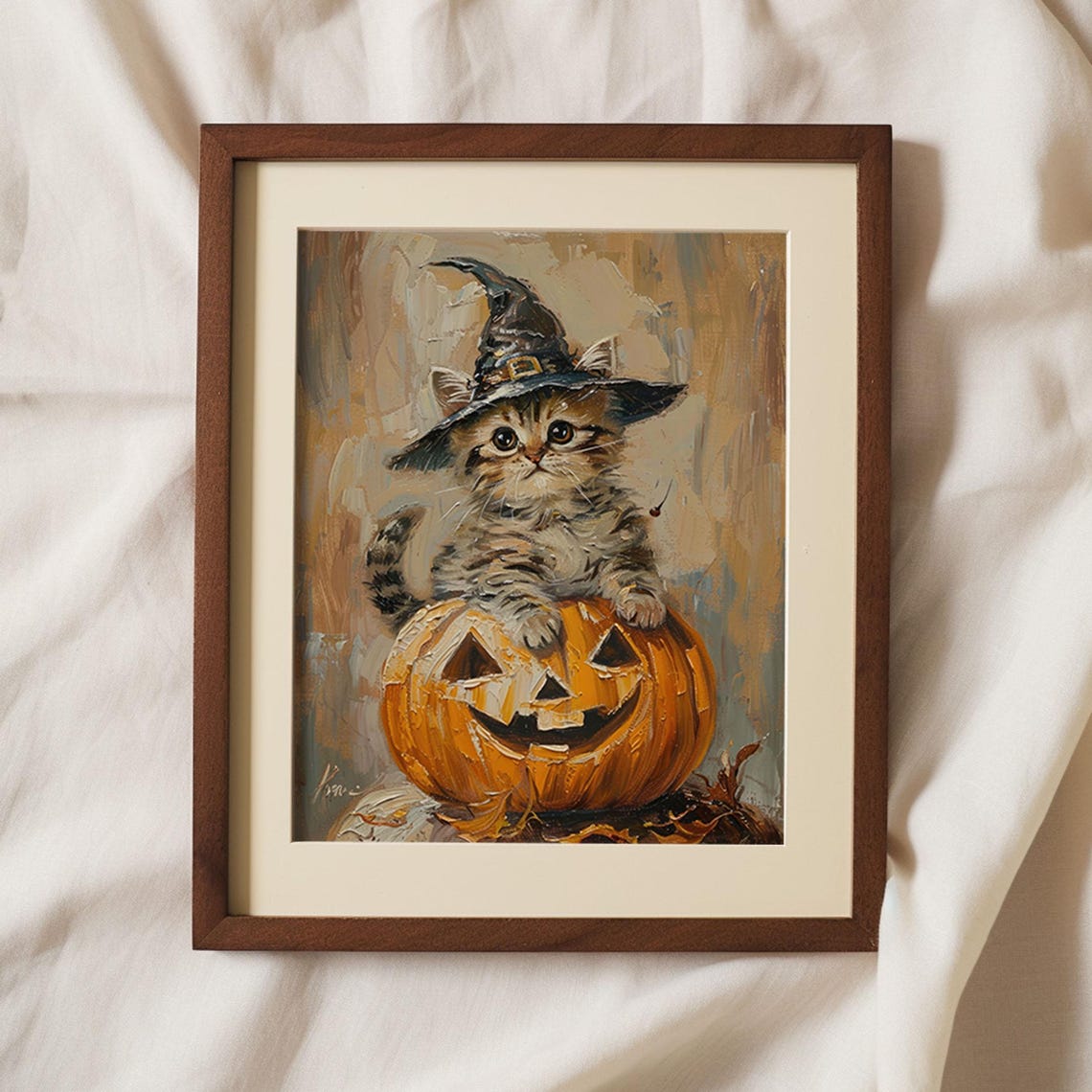 Little Cat Witch Hat Pumpkin Vintage Halloween Art Print