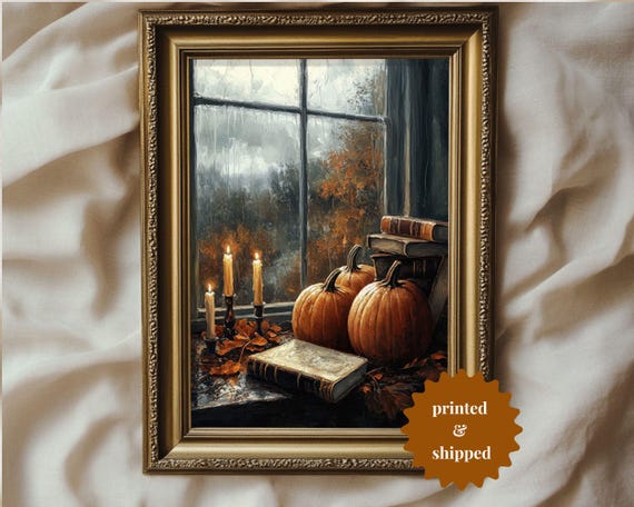 Pumpkins Books And Candles, Vintage Style Art Print