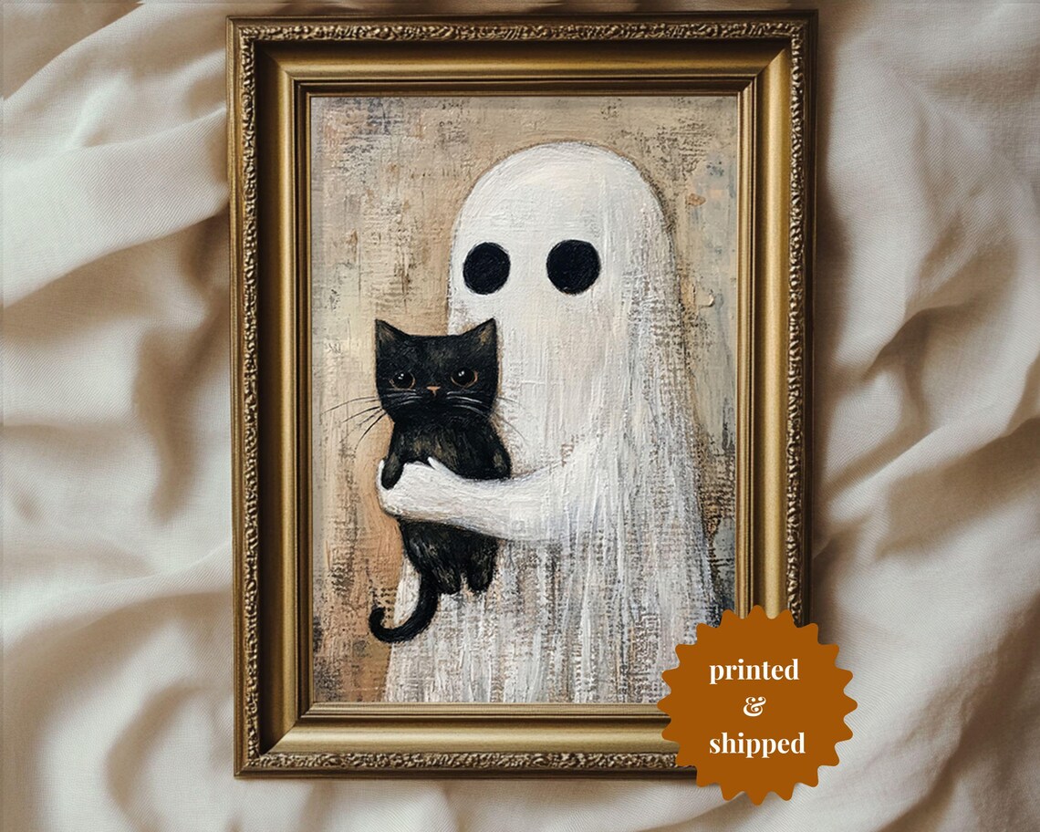 White Ghost Tenderly Hugging a Black Kitten Vintage Art Poster