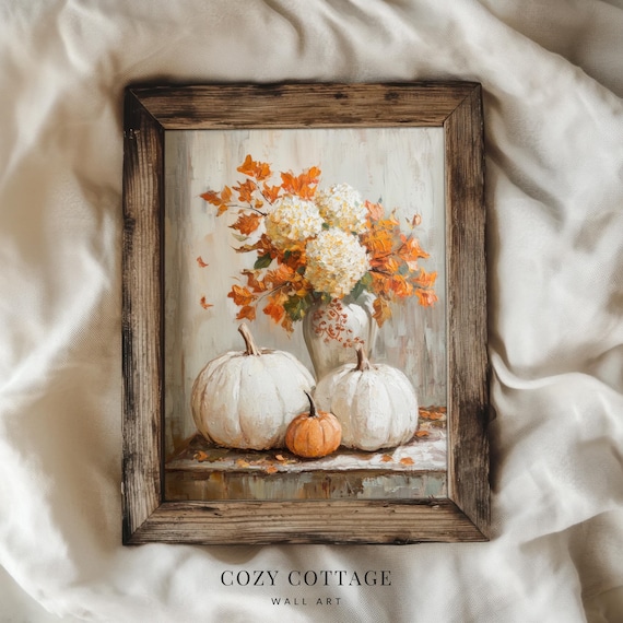 White Pumpkins And Autumn Flowers, Vintage Art Print