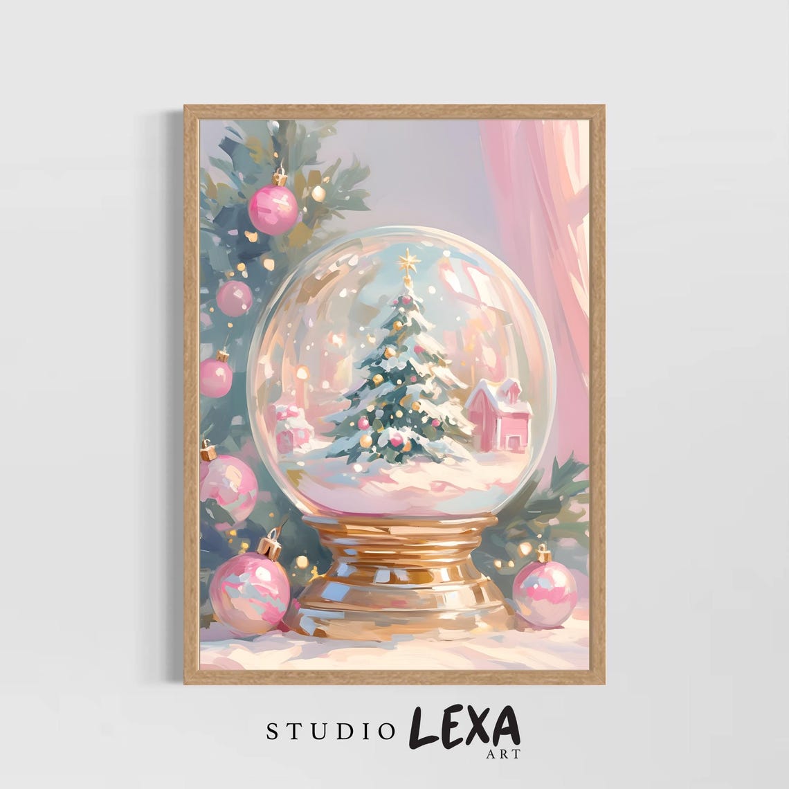 Pink Christmas Snow Globe Painting Tree Cabin Gold Base Holiday Poster