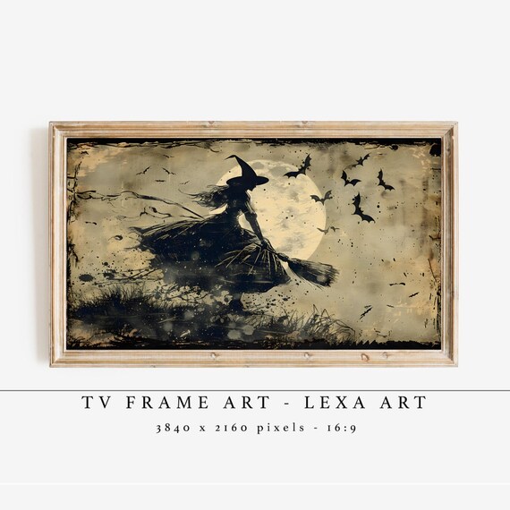 Witch Tv Frame Art Halloween Artwork Samsung Decor Gothic Moon Wall Spooky Broom Print