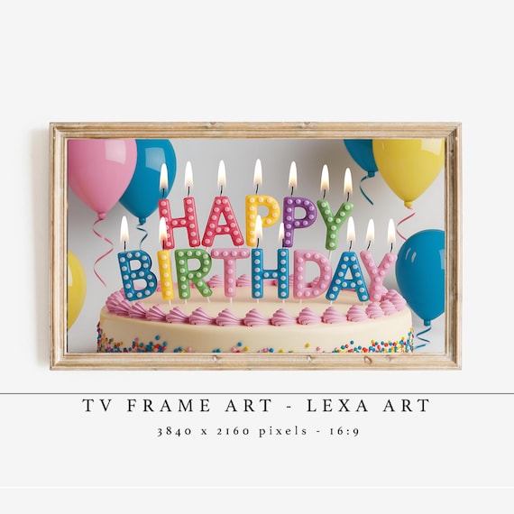 Birthday Cake Party Decor Tv Frame Art Happy Artwork Balloon Wall For Kids Celebration Screensaver