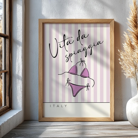 Vita Da Spiaggia Italy Purple Bikini Italian Beach Life Art Poster