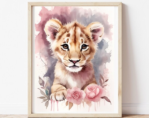 Baby Lion Cub Pink Roses Watercolor Nursery Animal Art Poster