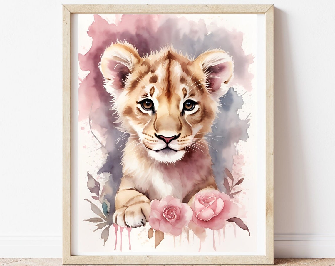 Baby Lion Pink Wall Art Safari Nursery Decor Pink Nursery Prints Pink Watercolor Animals Nursery Wall Decor Baby Girl Pink Wall Art