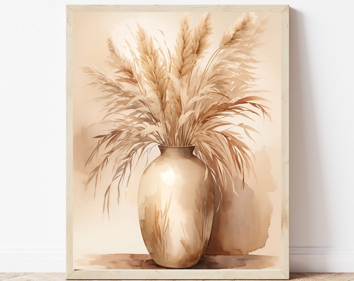 Pampas Grass Ceramic Vase Beige Boho Chic Watercolor Art Poster