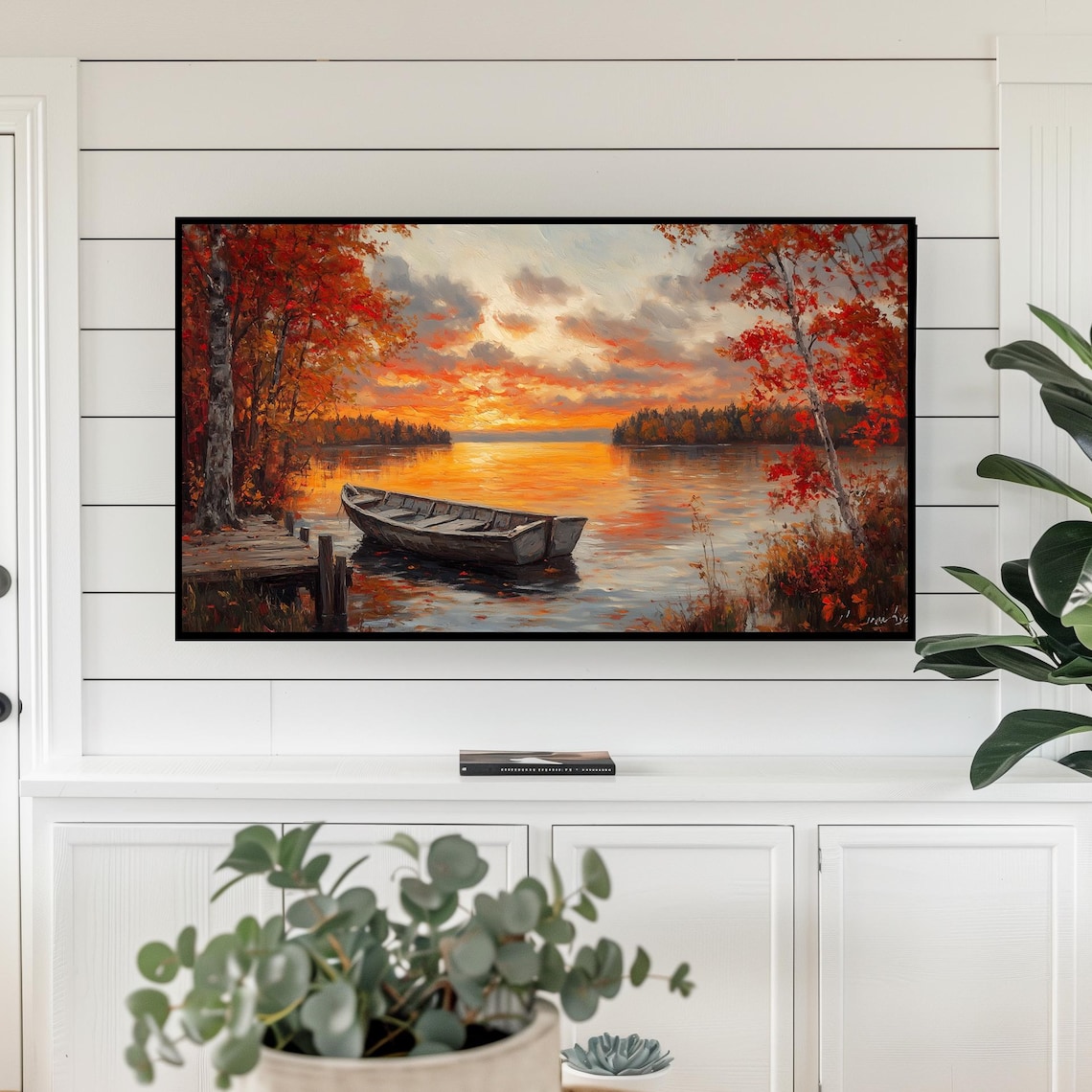 Autumn Lake Sunset Rowboat Cabin Frame TV Poster With Fall Foliage Scene
