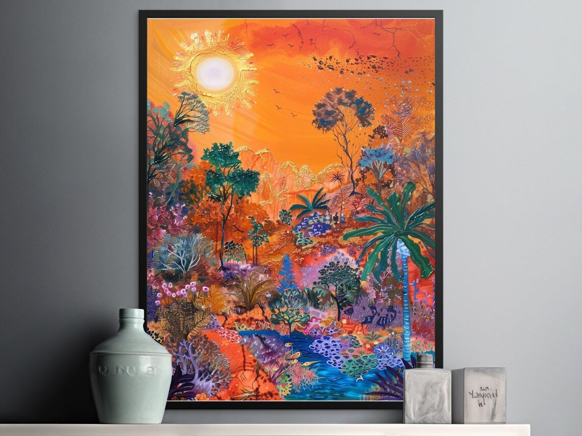 Tropical Jungle Sunset Forest, Botanical Art Print