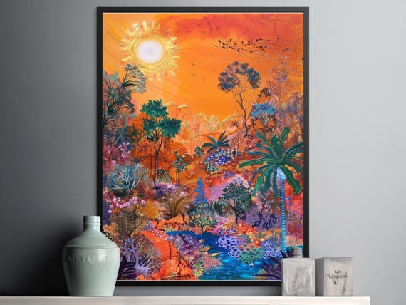 Tropical Jungle Sunset Forest, Botanical Art Print