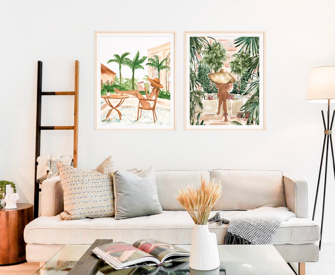 Woman With Sun Hat At Tropical Pool Palms Watercolor Vacation Print - Image 2