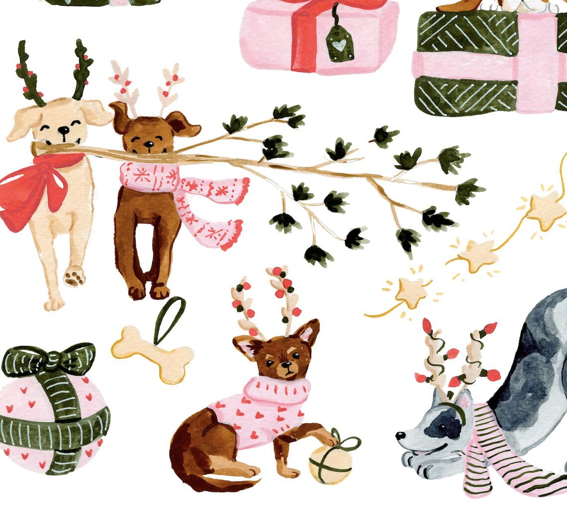 Christmas Dogs Watercolor Art Print, Holiday Decor - Image 2