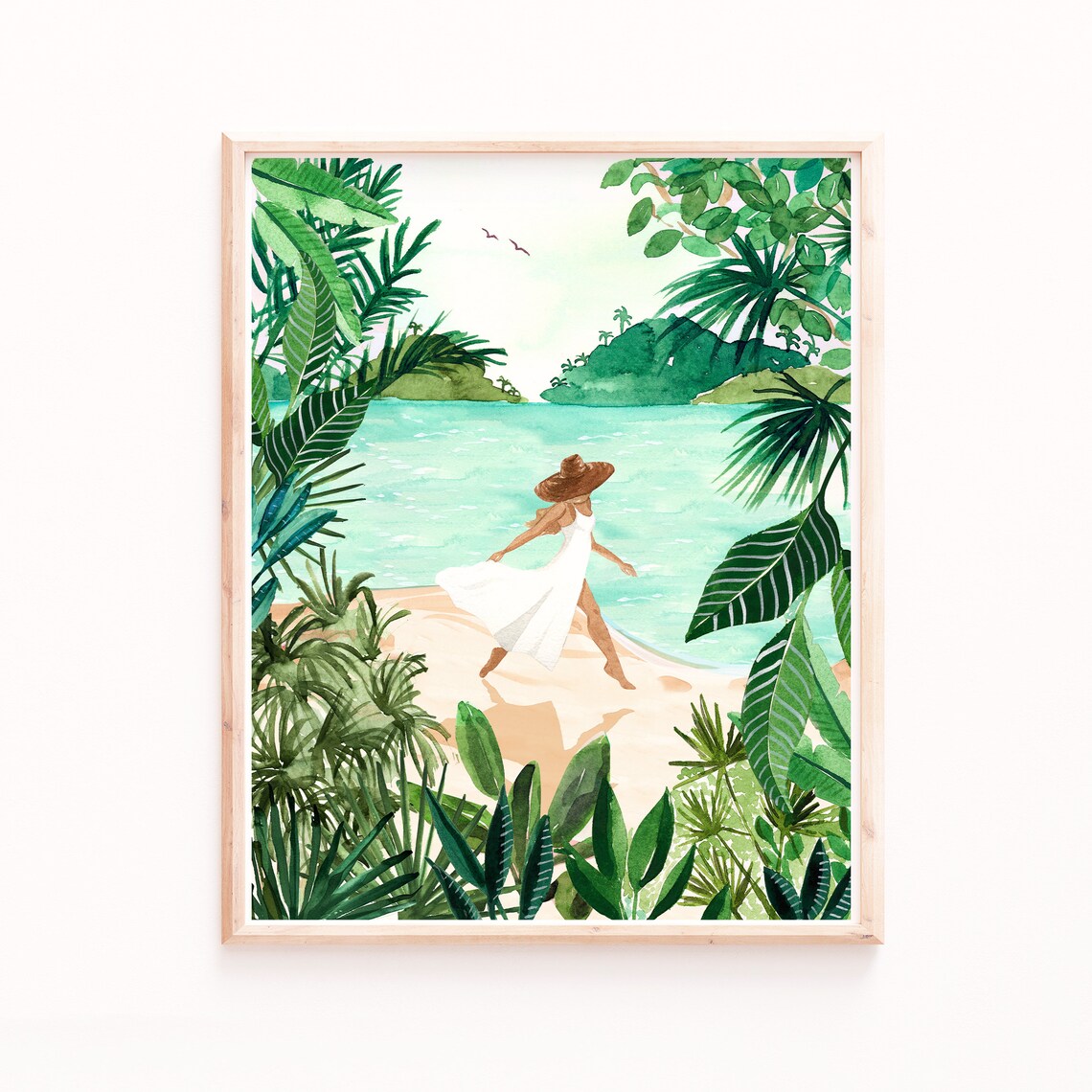 Beach Girl In White Dress Turquoise Ocean Palm Leaves Watercolor Print - Image 4