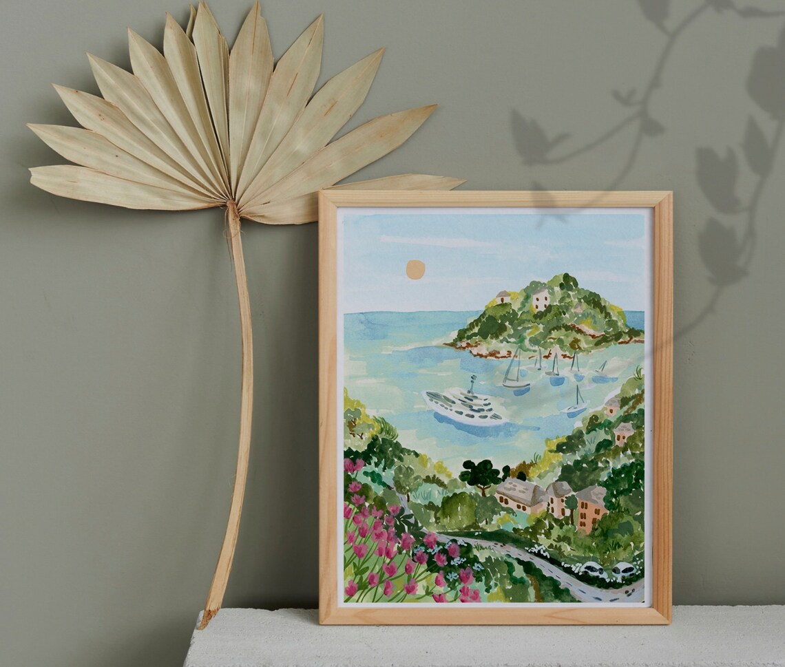 Portofino Travel Poster, Tropical Ocean Watercolor - Image 2