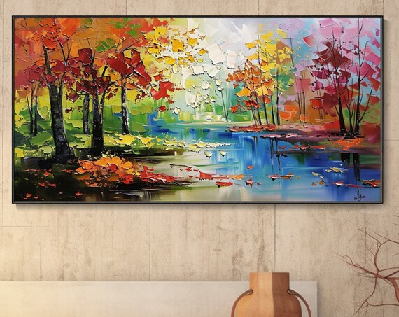 Abstract Fall Wood Hand Painted Oil Painting Forest Landscape Wall Art Original Lake Textured Wall Art Custom Home Deco New Home Gift
