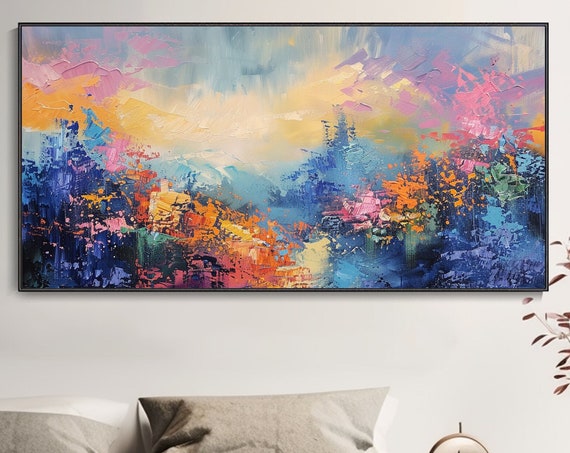Fantasy Forest Landscape Oil Painting Abstract Colorful Urban Wall Art Dusk Sunset Sunrise Modern Home Deco Bold Work Interior Design