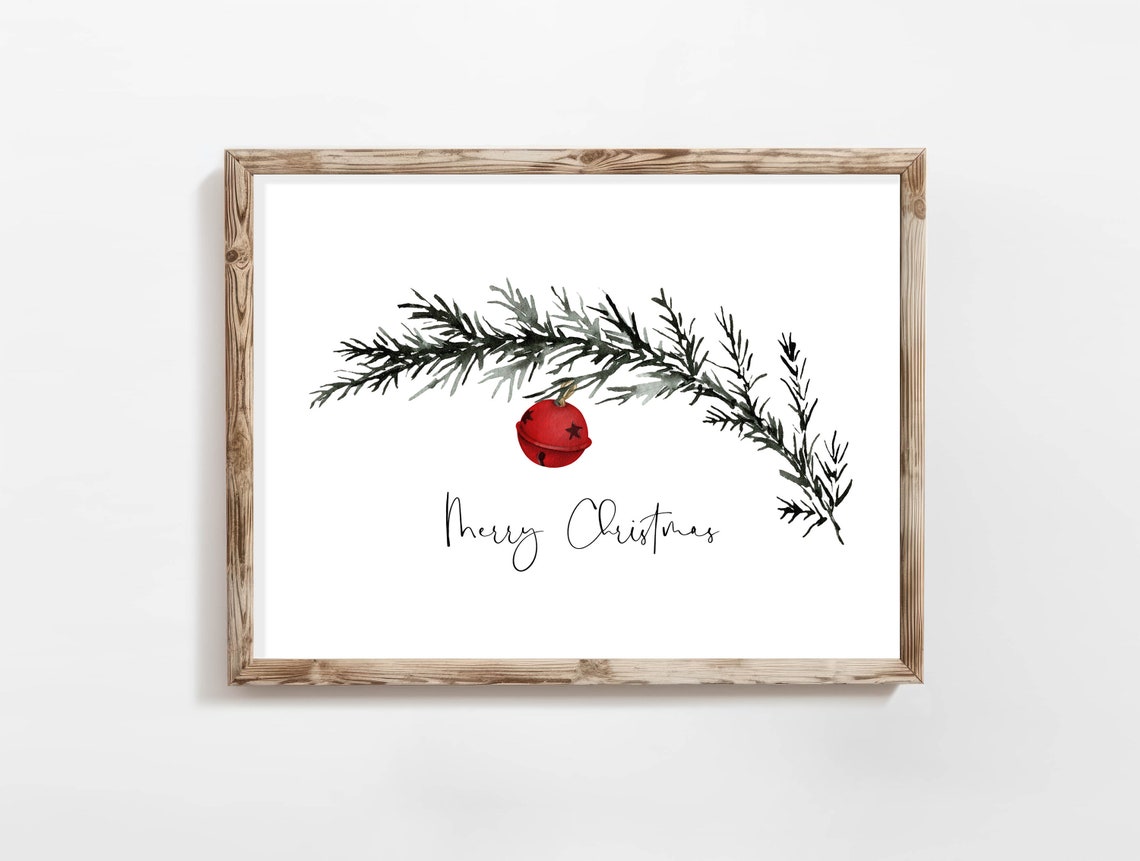 Merry Christmas Evergreen Branch Red Jingle Bell Watercolor Poster - Image 2