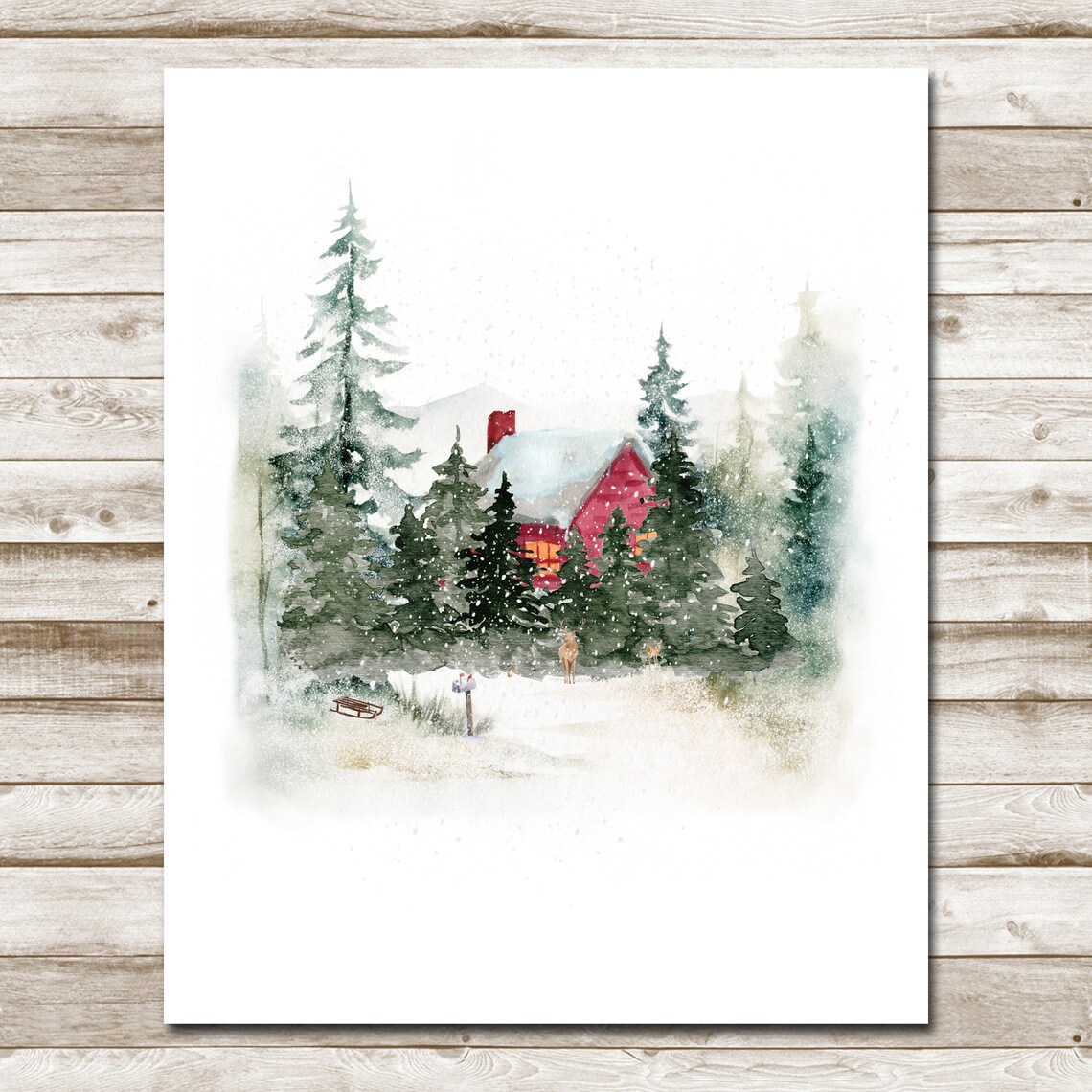 Cozy Red Cabin Glowing Windows Snowy Pine Forest Winter Watercolor Poster - Image 4