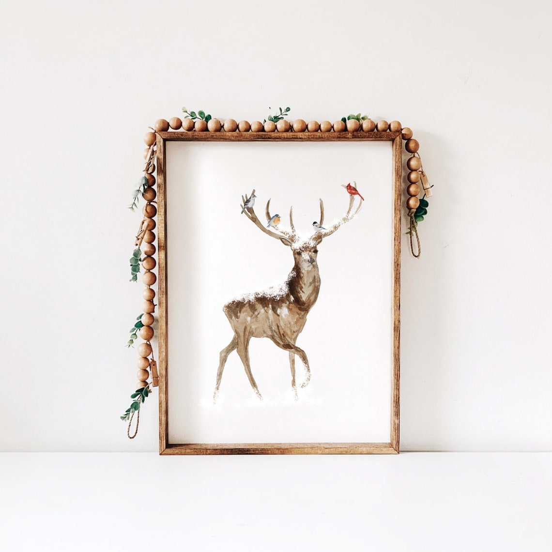 Winter Deer Watercolor Birds Perched On Snowy Antlers Art Poster - Image 4