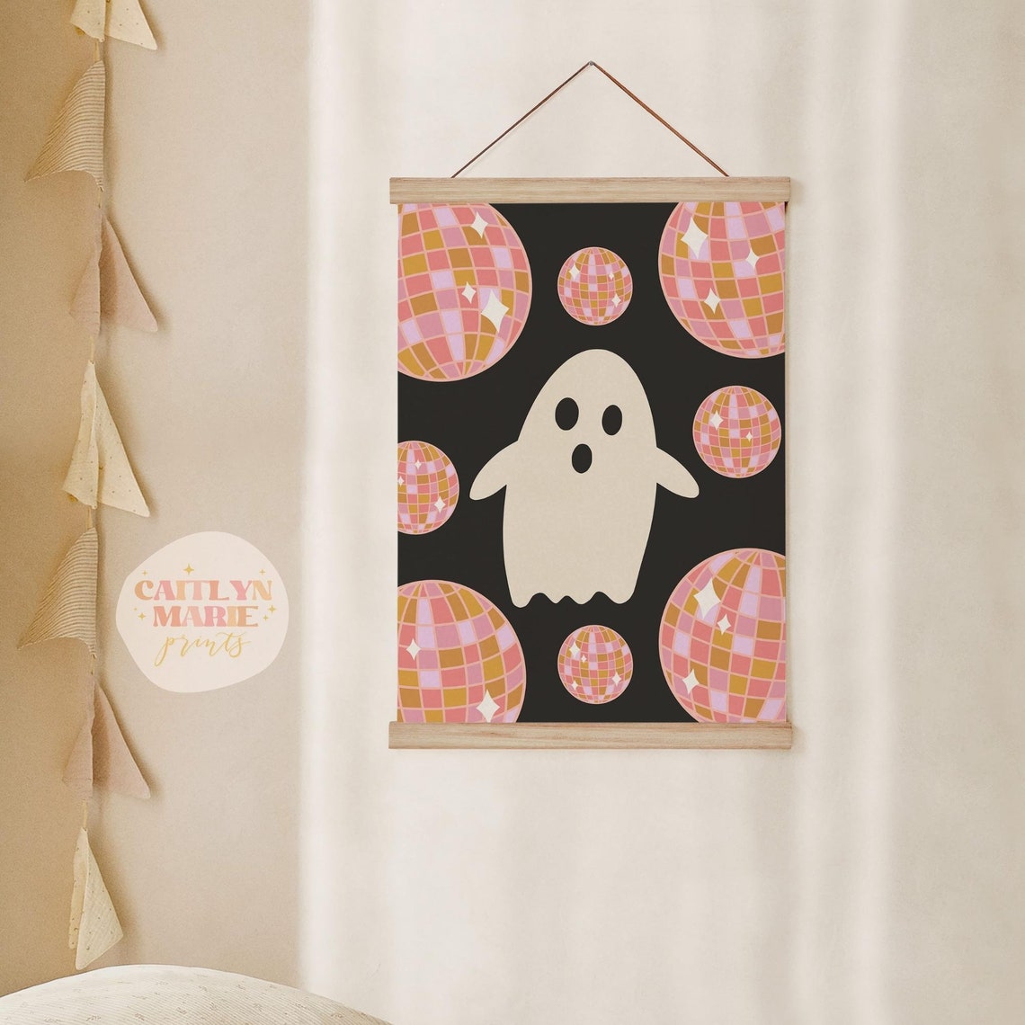 Cute Ghost Surrounded by Pink Disco Balls on Black Art Print - Image 2