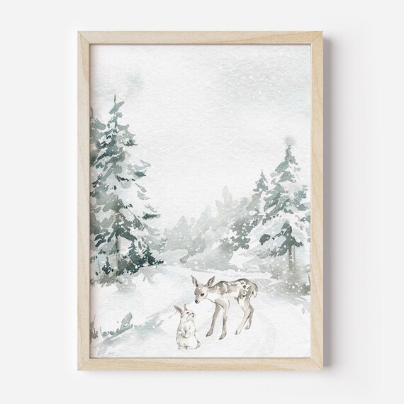 Baby Deer and Bunny Snowy Winter Forest Watercolor Nursery Wall Art