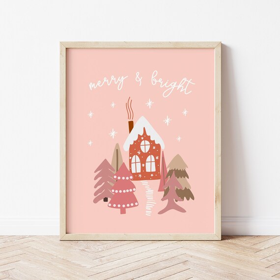 Merry And Bright Pink Christmas House Holiday Nursery Art Poster