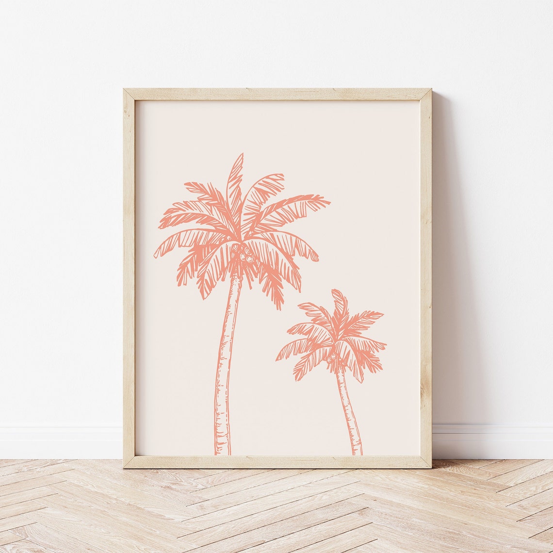 Two Coral Palm Trees Line Drawing Minimalist Tropical Beach Art Poster