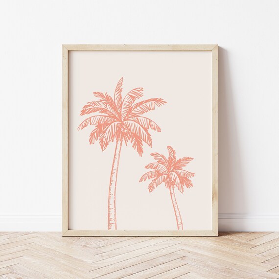 Two Coral Palm Trees Line Drawing Minimalist Tropical Beach Art Poster