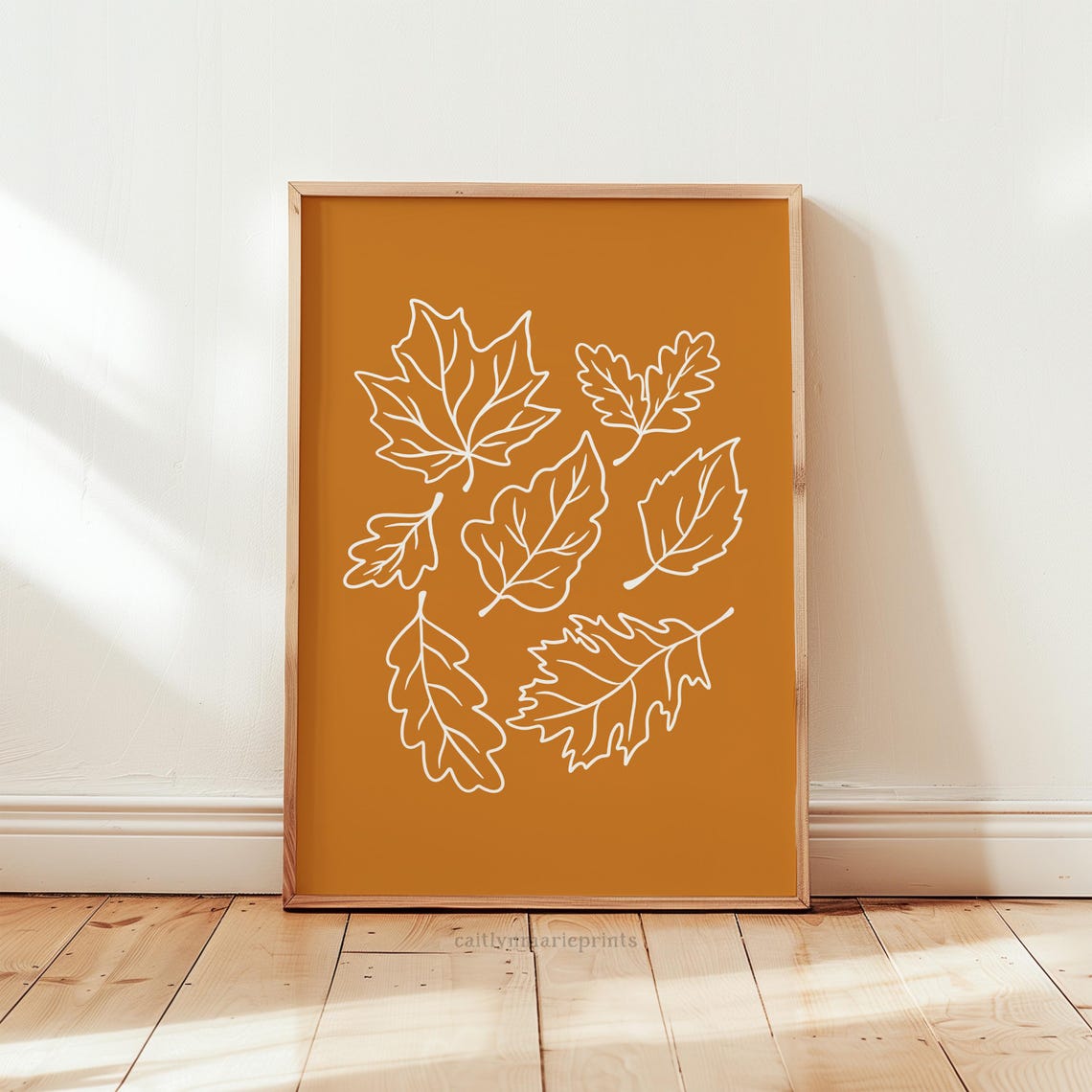 White Line Art Fall Leaves on Burnt Orange Minimalist Poster - Image 2