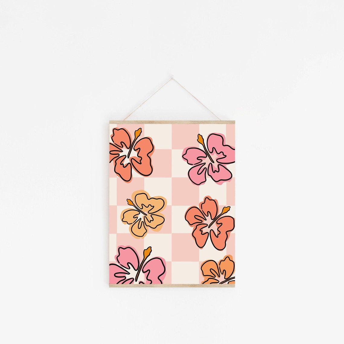 Pink Checkerboard Hibiscus Flowers Retro Tropical Floral Wall Poster - Image 2