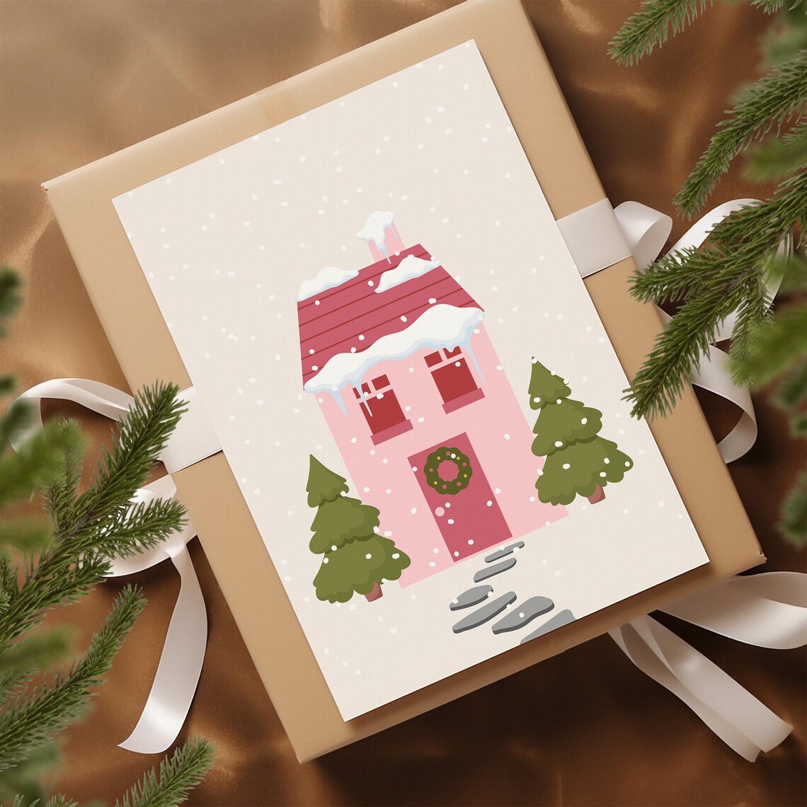 Cozy Pink Snowy Christmas Cottage Winter Village Holiday Poster - Image 3