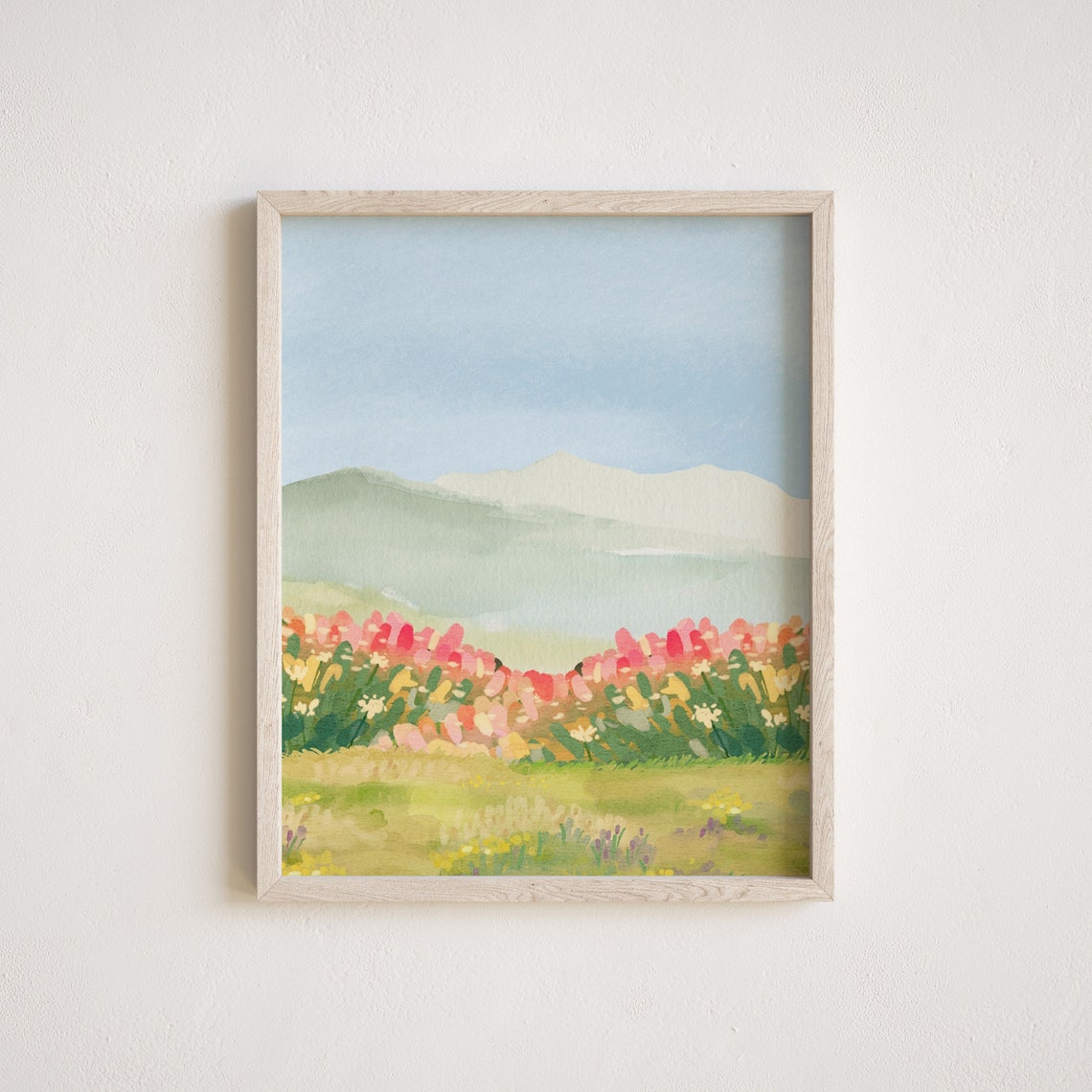 Tulip Field Watercolor Pink Spring Meadow Landscape Wall Art - Image 2