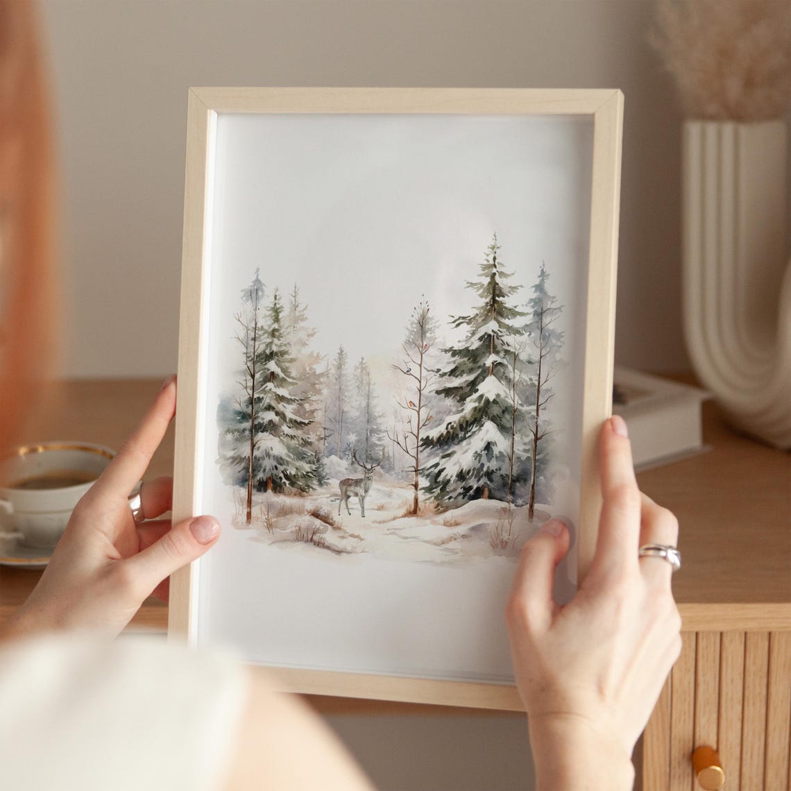Winter Deer Snowy Pine Forest Watercolor Wildlife Art Poster - Image 4