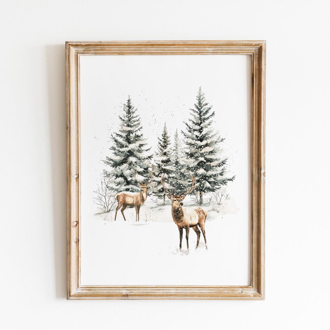 Watercolor Two Deer in Snowy Pine Forest Winter Wildlife Poster