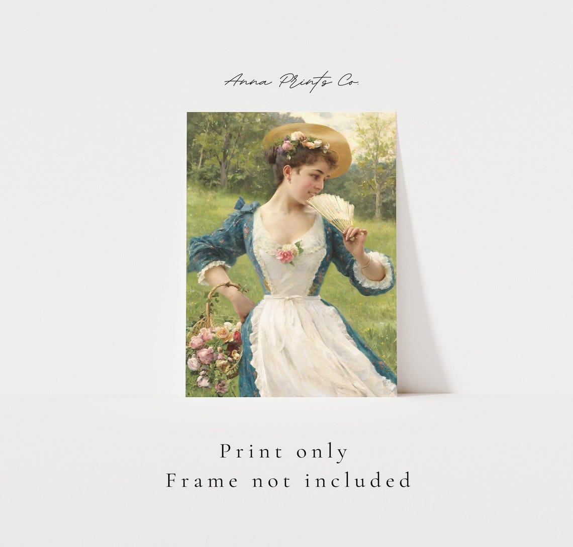 Woman With Basket of Roses Vintage Painting Print Cottagecore Wall Art - Image 3