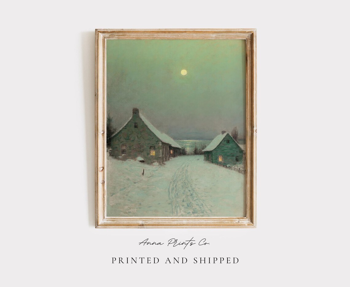 Christmas Eve Winter Village Landscape, Holiday Poster