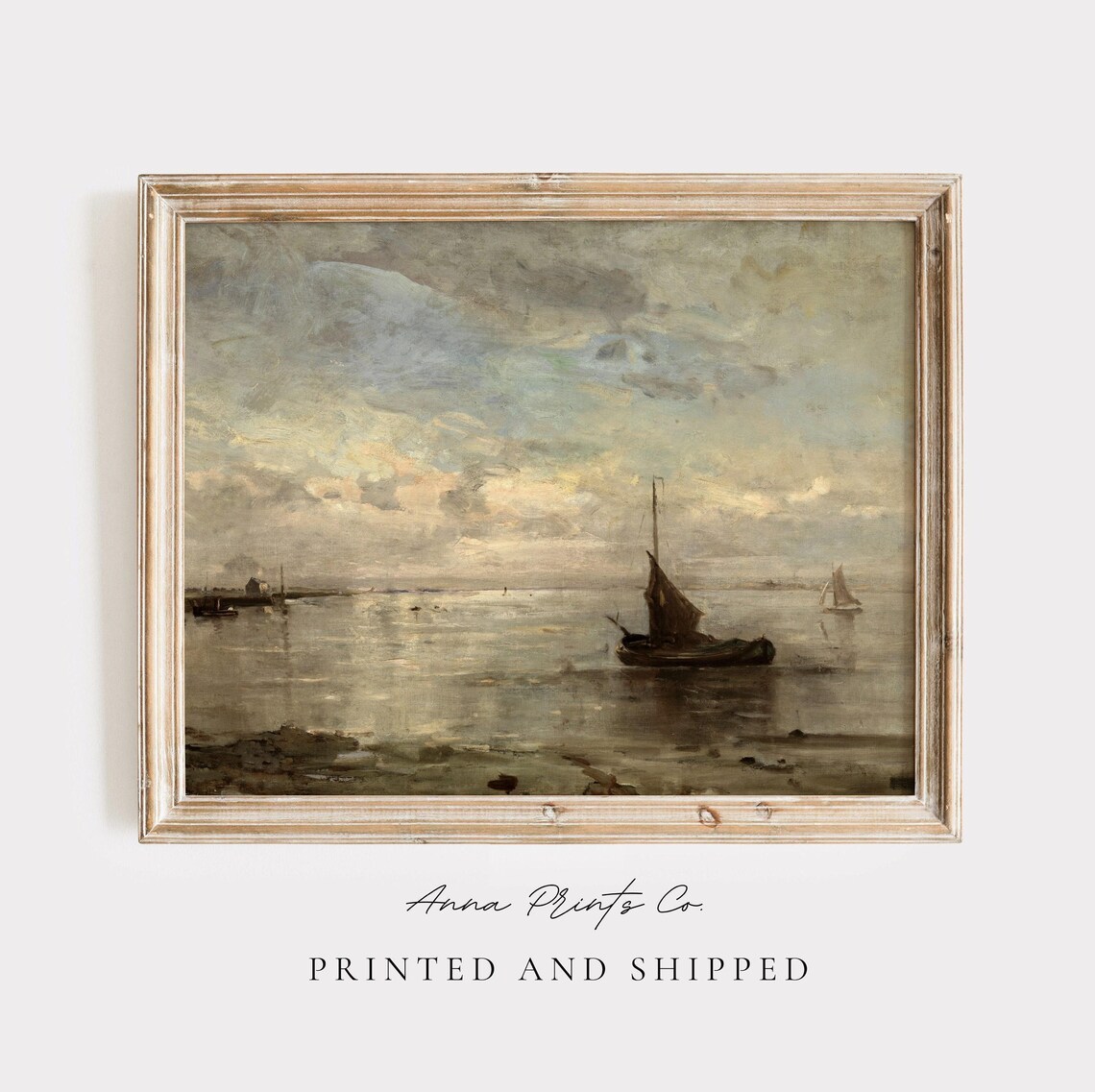 Vintage Sailboat Seascape Art Print, Rustic Farmhouse