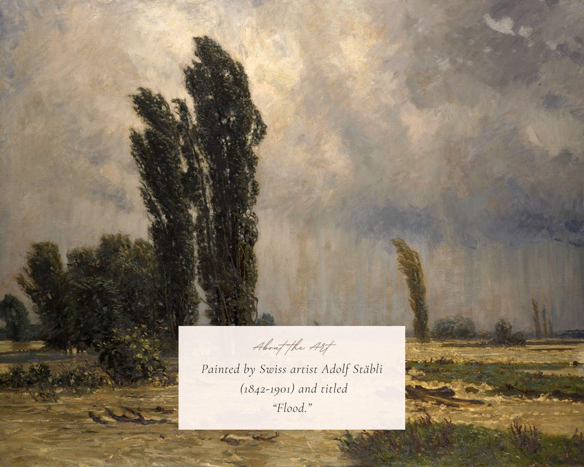 Moody Windswept Landscape Painting Print Stormy Poplar Trees Wall Art - Image 2