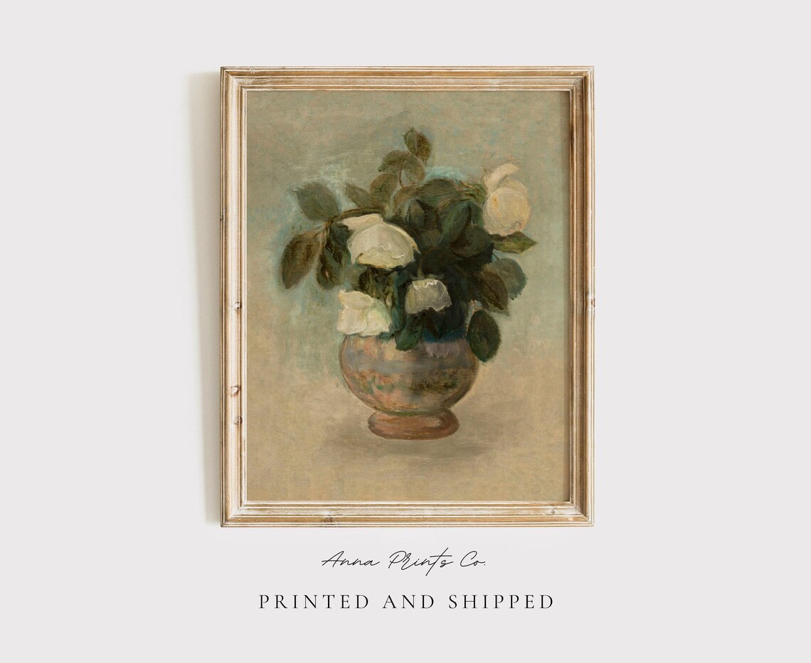 White Roses Still Life, Vintage Neutral Art Print