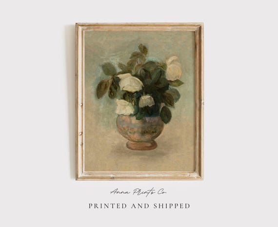 White Roses Still Life, Vintage Neutral Art Print