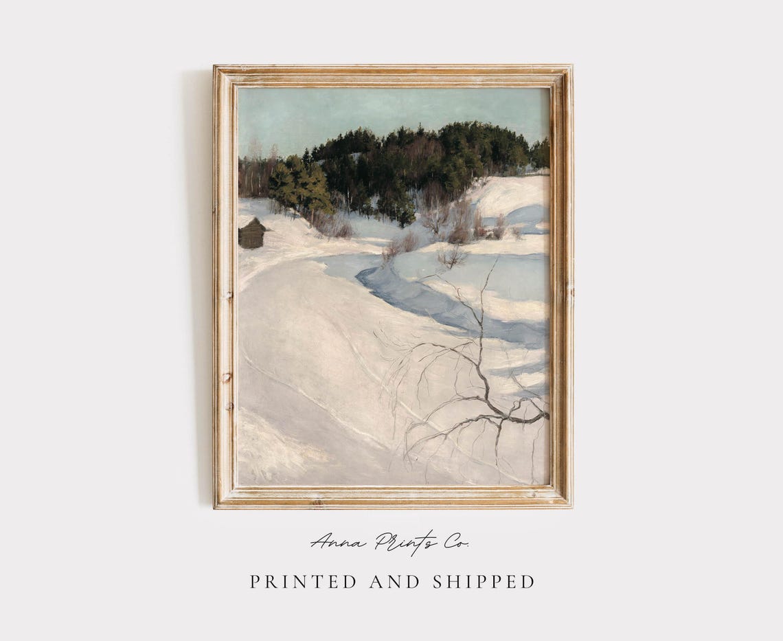 Snowy Hillside Winter Forest With Cabin Antique Landscape Art Print